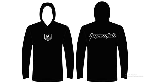 TOP NOTCH UPF 50+ Sun Protection Long Sleeve Hoodie Shirt, BLACK WITH WHITE LOGOS